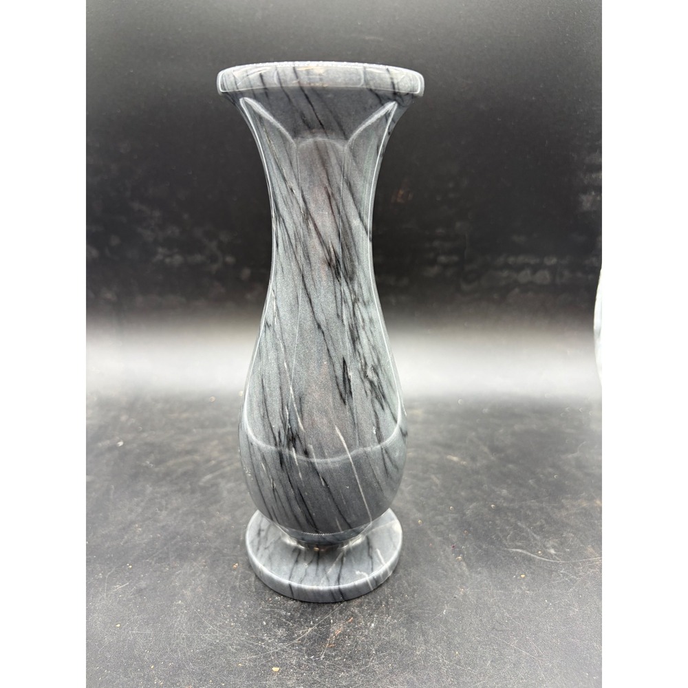 Vintage Grey Marble Stone Vase Hand Carved Black Veined Pedestal Flower Bud 8in